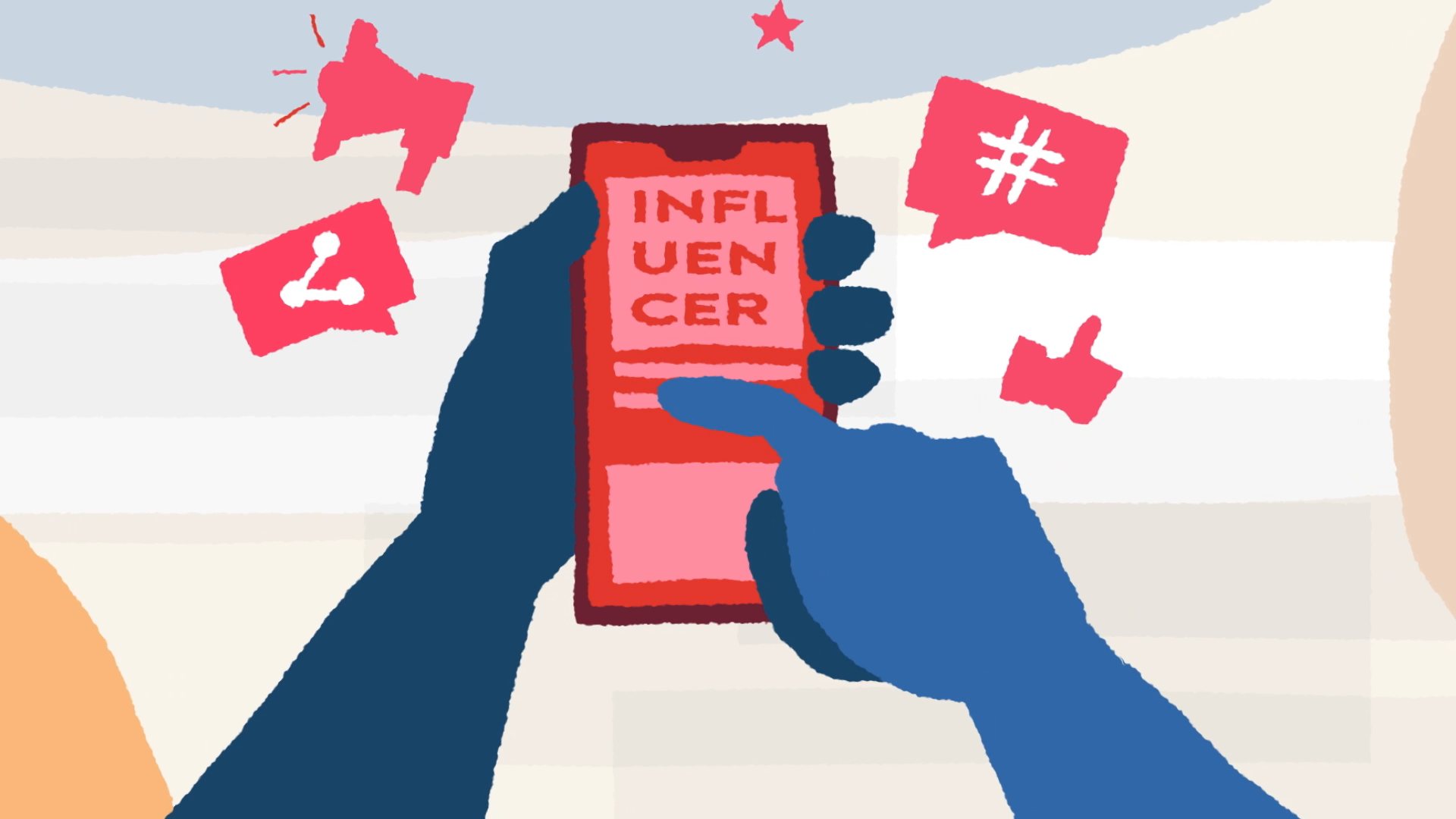 Ilustración: manos sostienen un celular con la palabra «influencer», rodeado de íconos de redes sociales.