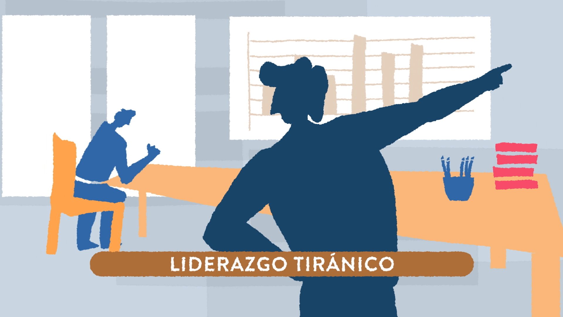 Ilustración «Liderazgo tiránico»: una jefa da órdenes con el brazo extendido a un trabajador.