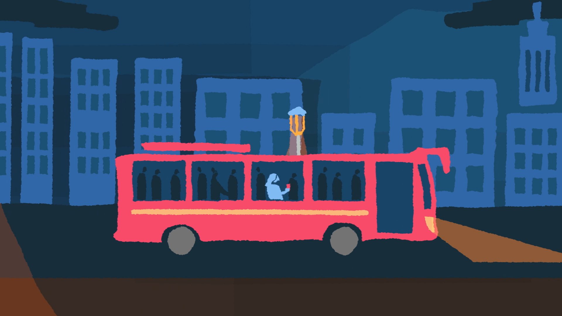 Ilustración: una micro roja cruza la ciudad de noche, con una pasajera iluminada por su celular.