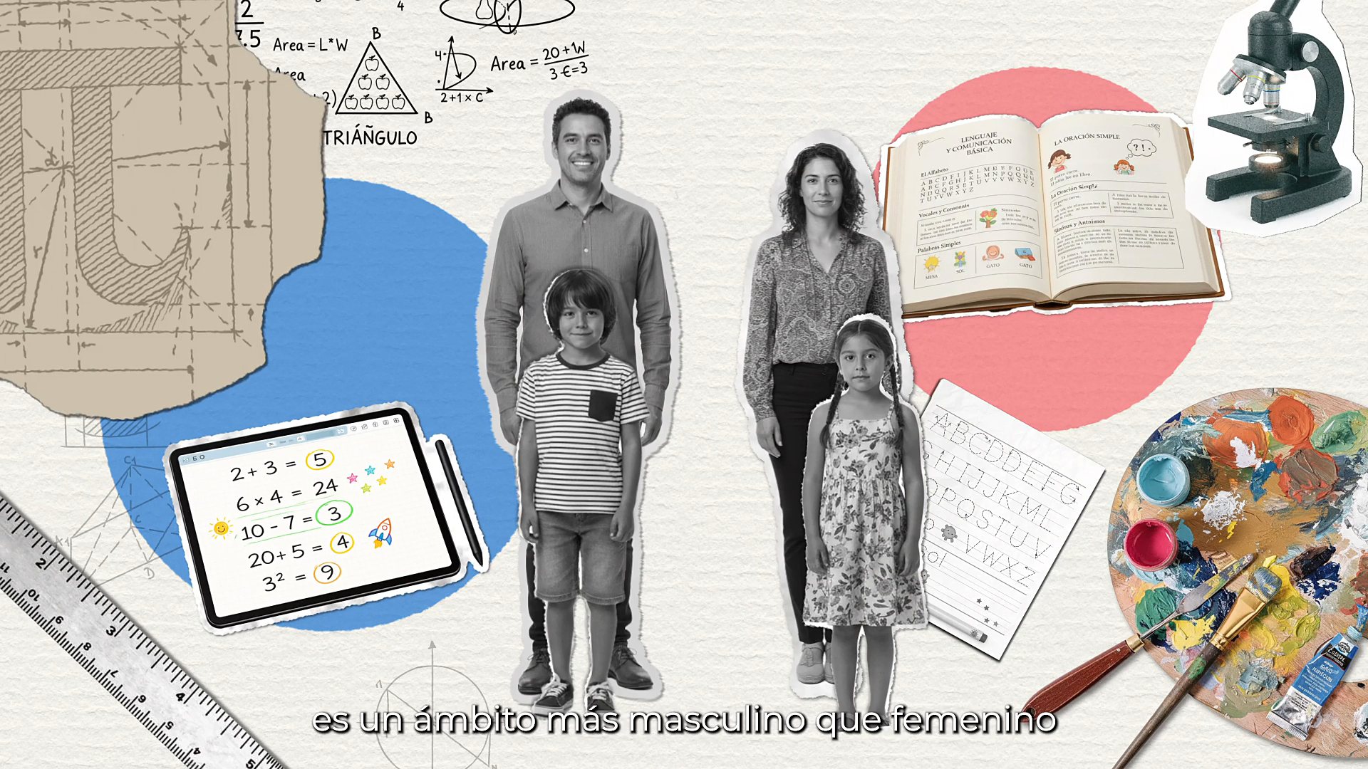 Collage de papel del micro documental de Francisca del Río: una familia de recortes sobre semicírculos de color.