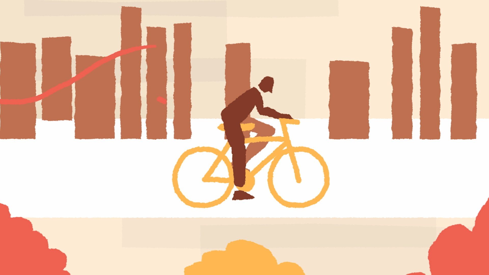 Ilustración: una persona en bicicleta frente a barras de un gráfico.