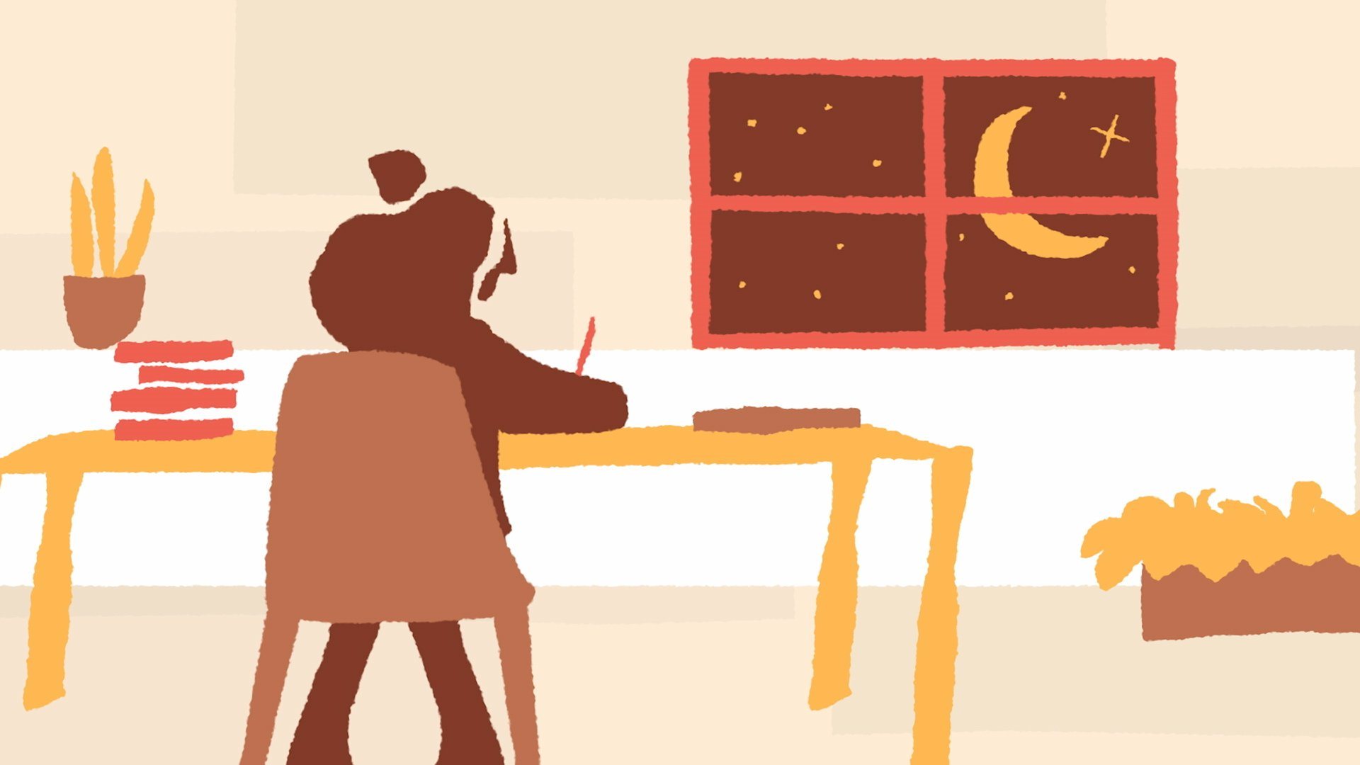 Ilustración: una niña escribe en su escritorio frente a una ventana con luna.