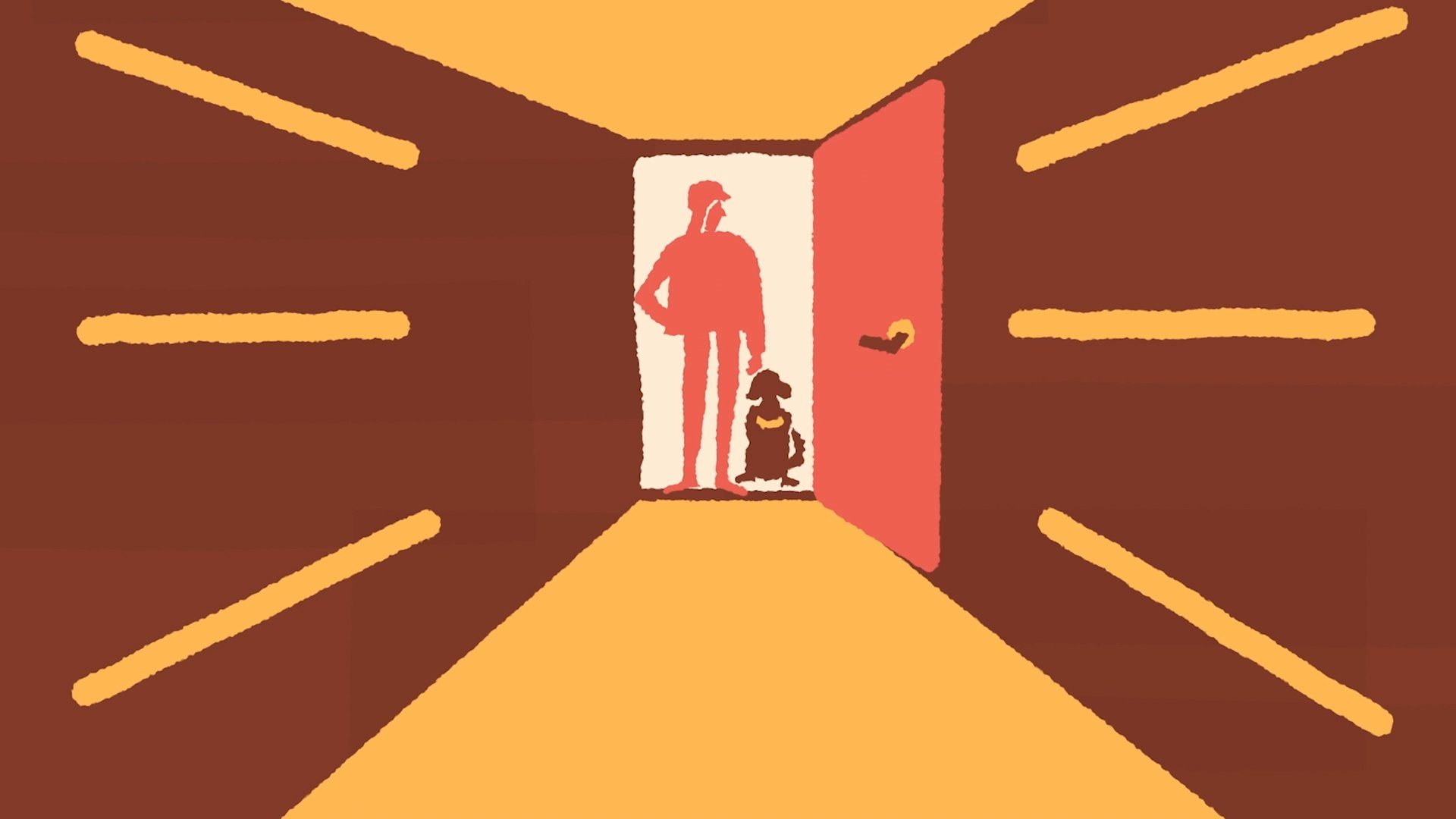 Ilustración: una puerta abierta al fondo de un pasillo, con una persona y un perro.