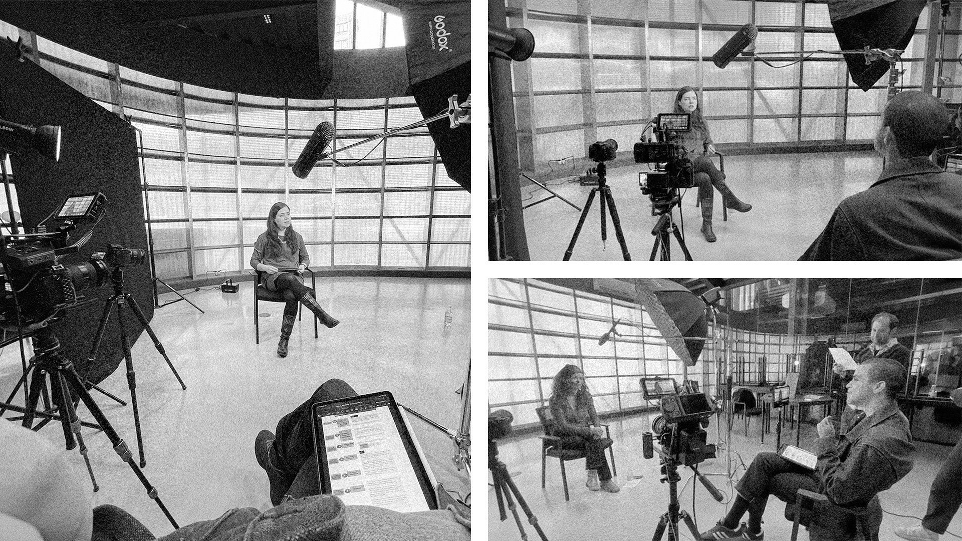 Rodaje en blanco y negro: entrevistas con cámaras, luces y micrófono en Factoría UDP.