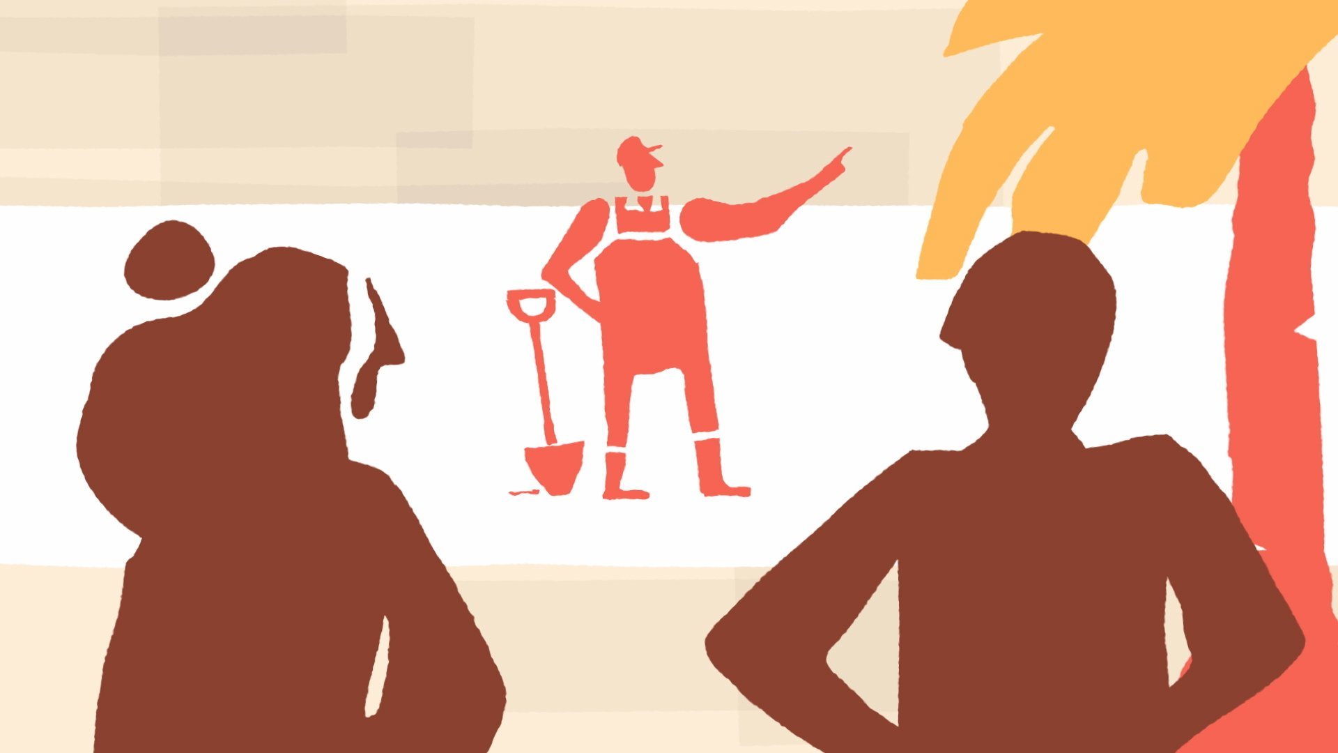 Ilustración: siluetas de espaldas observan a una persona que trabaja en terreno con una pala.
