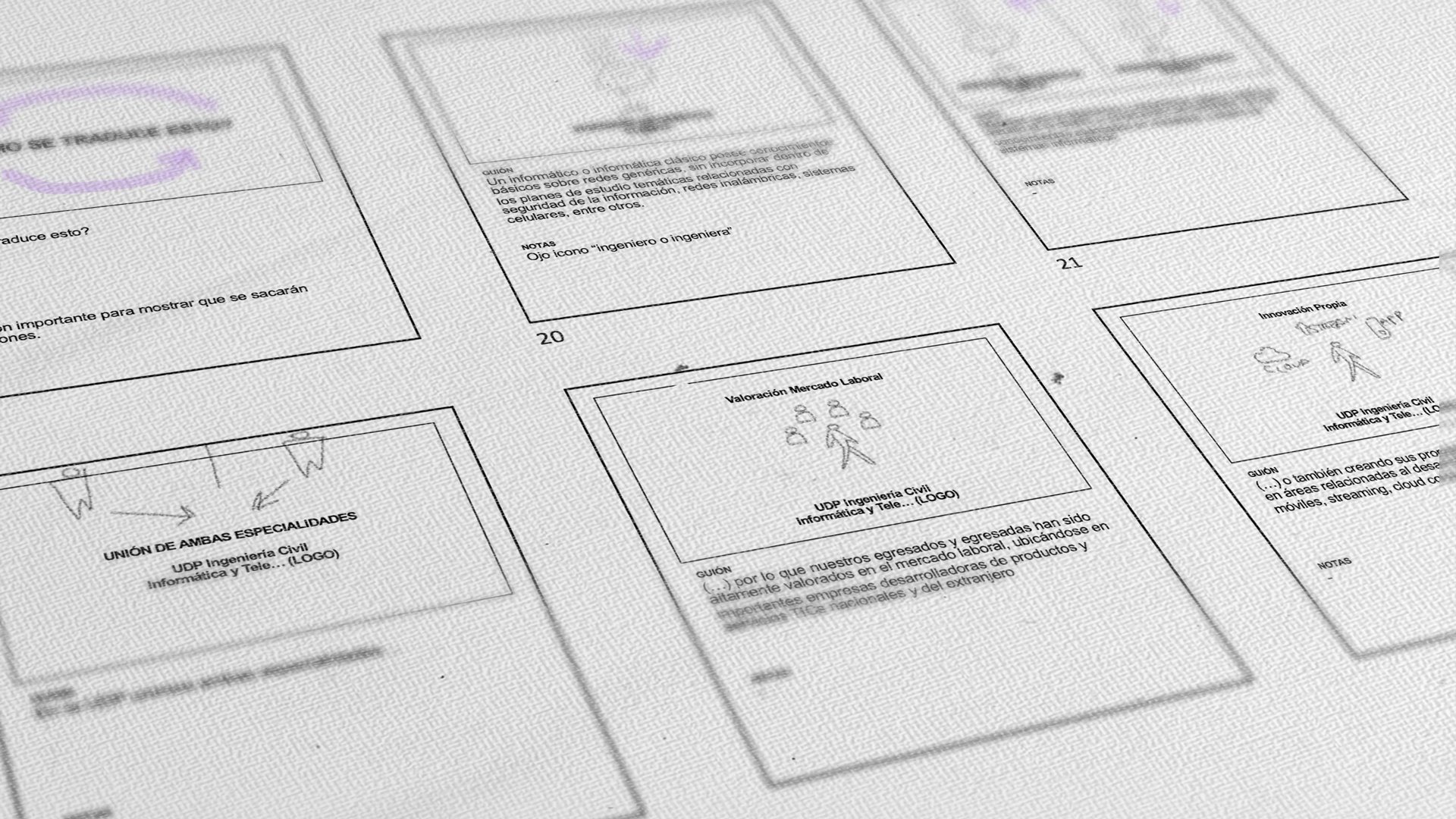 Storyboard impreso del video piloto, con viñetas y anotaciones.