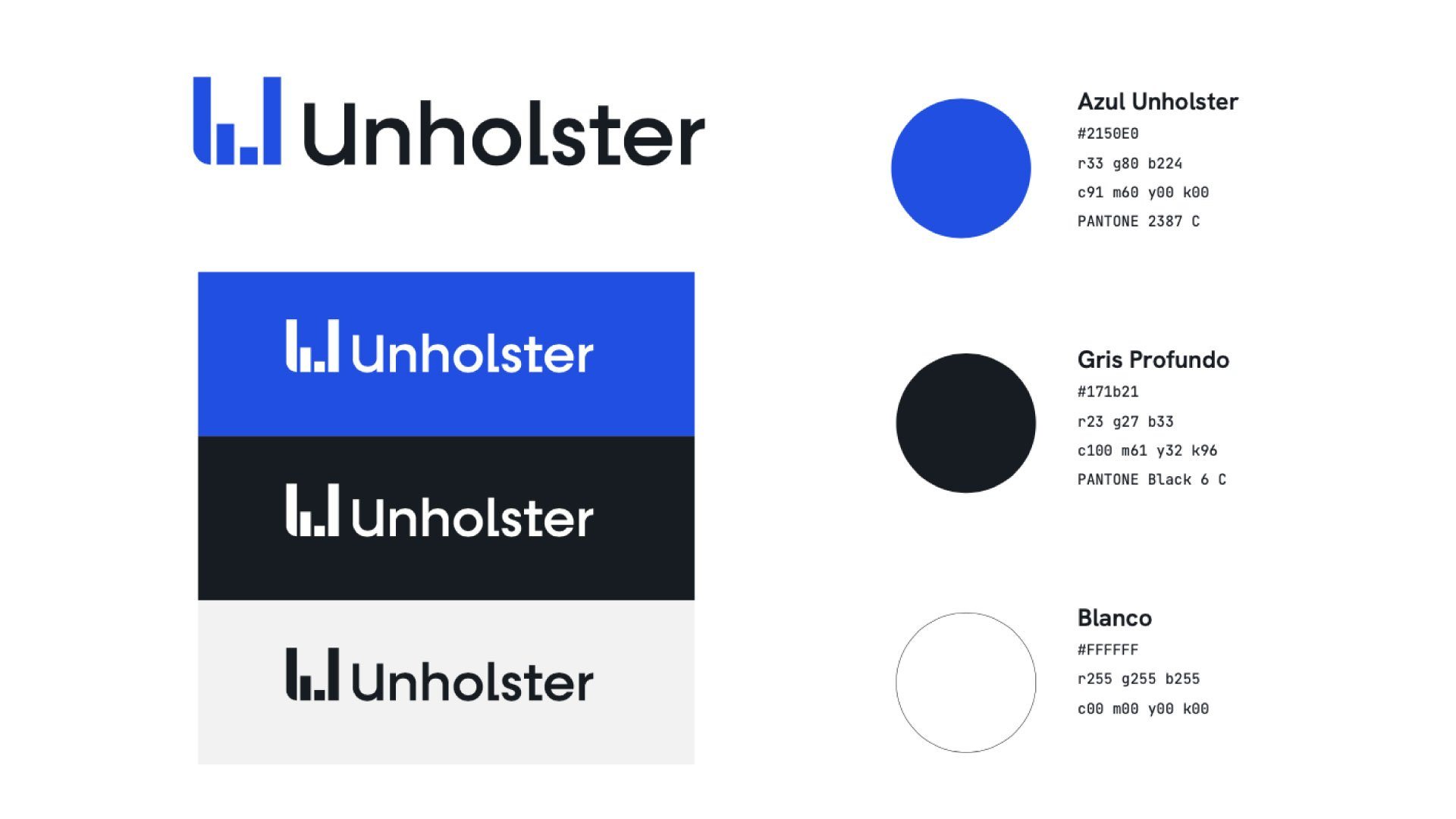Imagotipo Unholster en sus tres versiones de color, con el Azul Unholster, el Gris Profundo y el blanco.