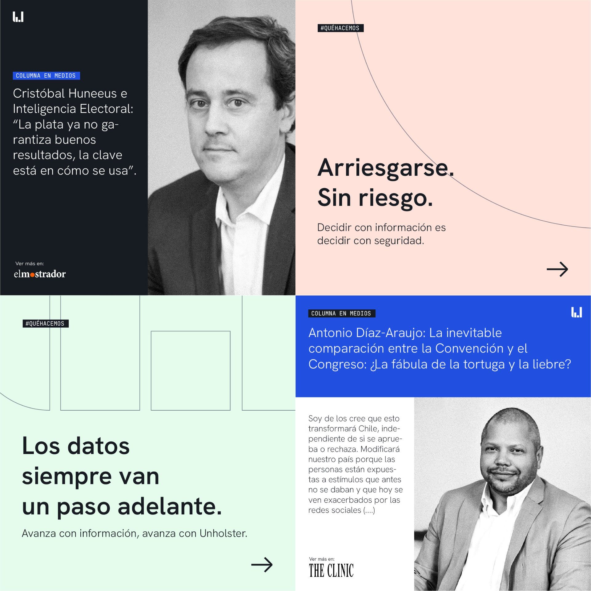 Grilla de publicaciones de Unholster: columnas en medios, frases y fotografías en blanco y negro.